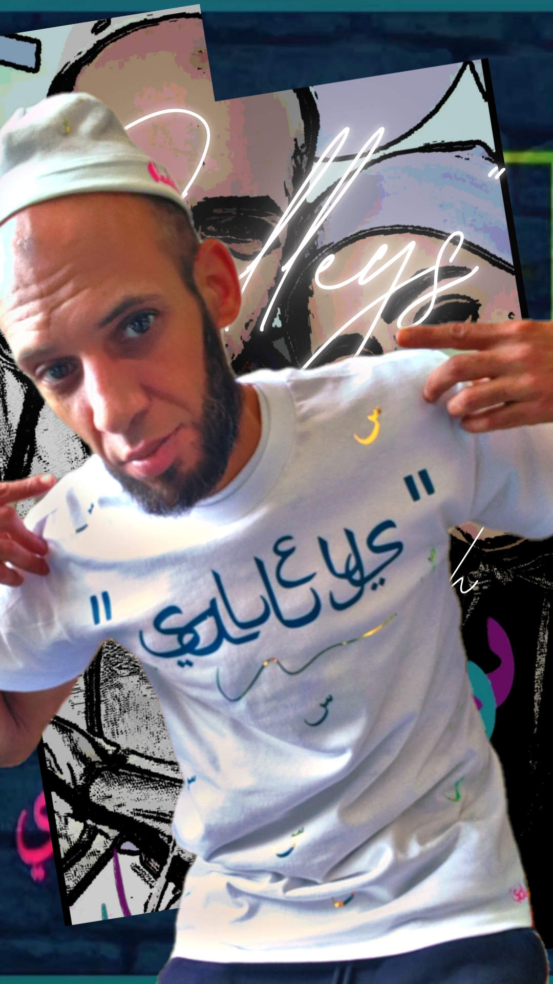 T shirt maillot Salleys. À personnalisé. Vêtements made in Halal. Blanc / Bleu vert / Or.