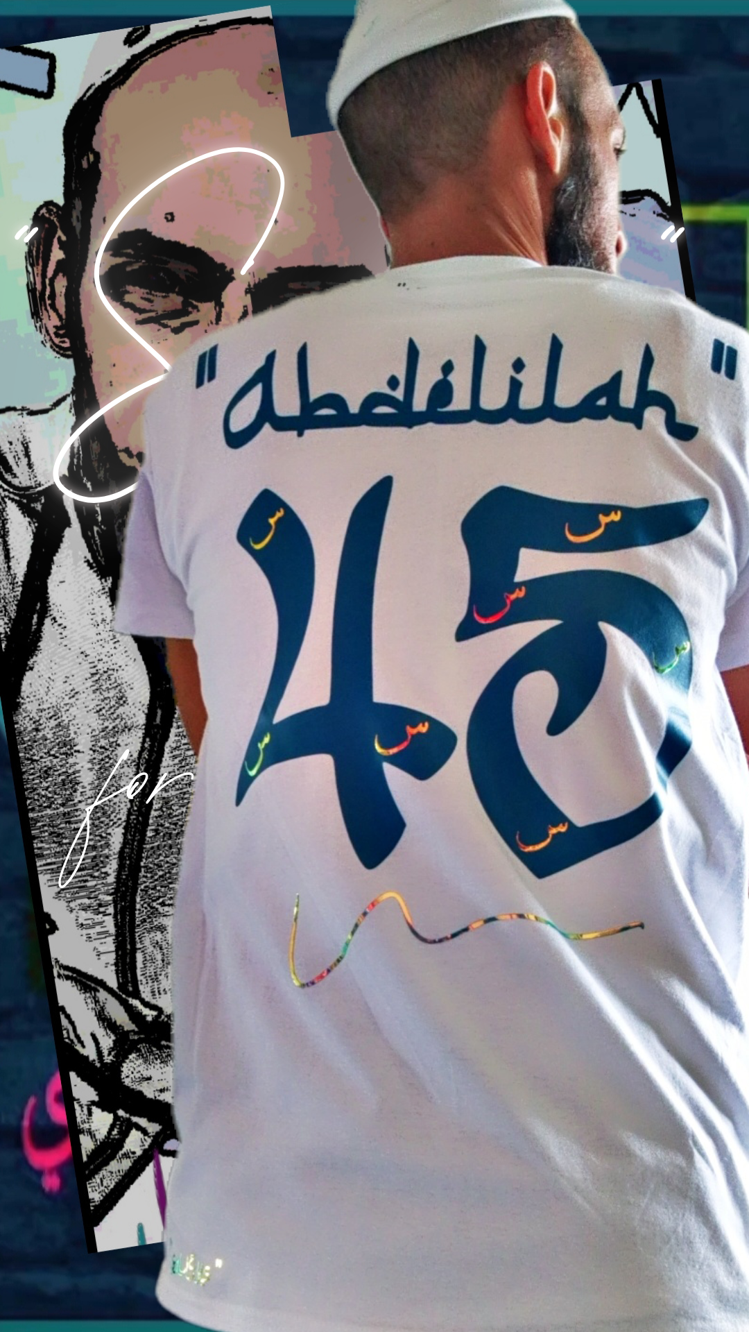T shirt maillot Salleys. À personnalisé. Vêtements made in Halal. Blanc / Bleu vert / Or.