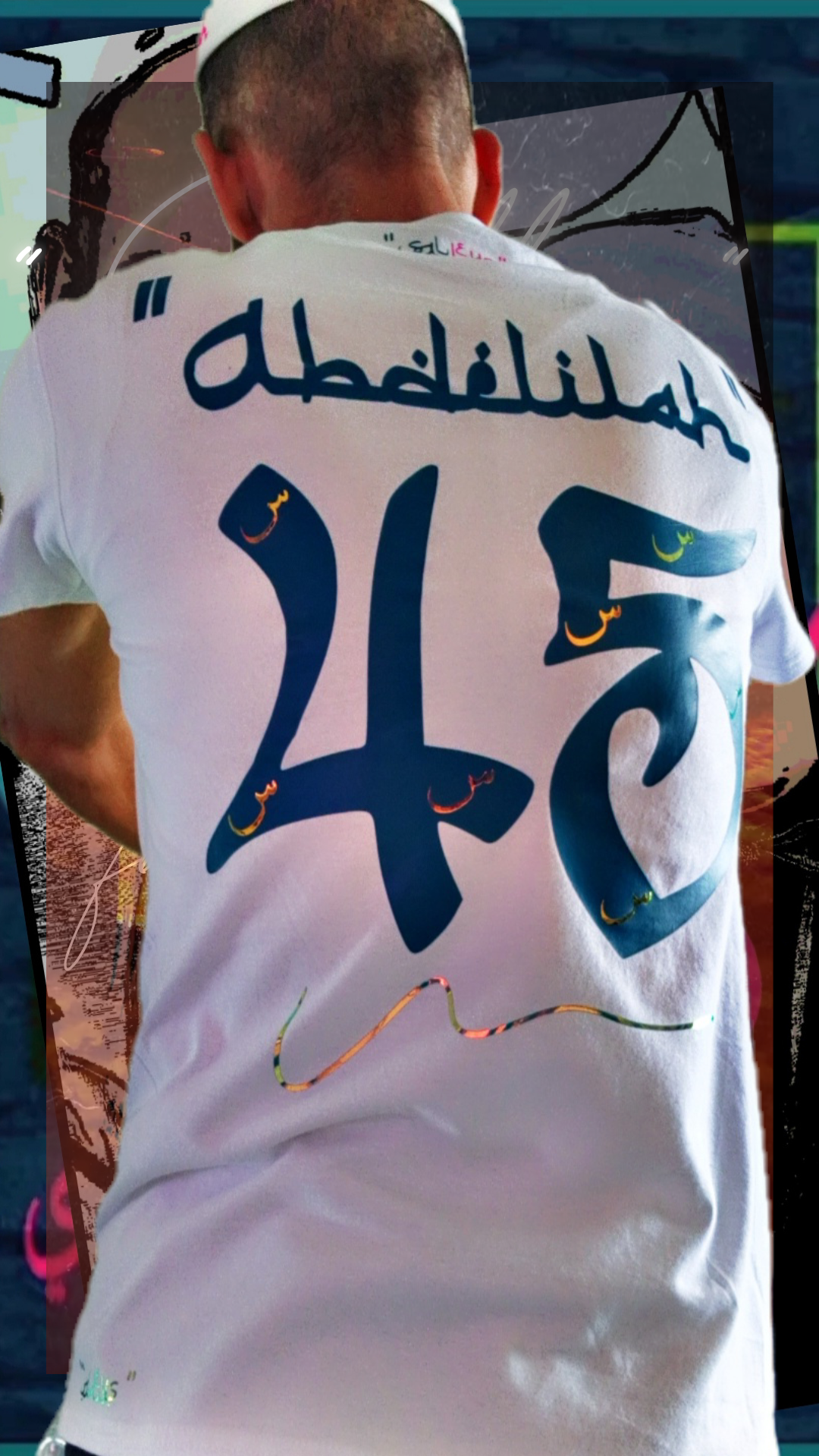 T shirt maillot Salleys. À personnalisé. Vêtements made in Halal. Blanc / Bleu vert / Or.