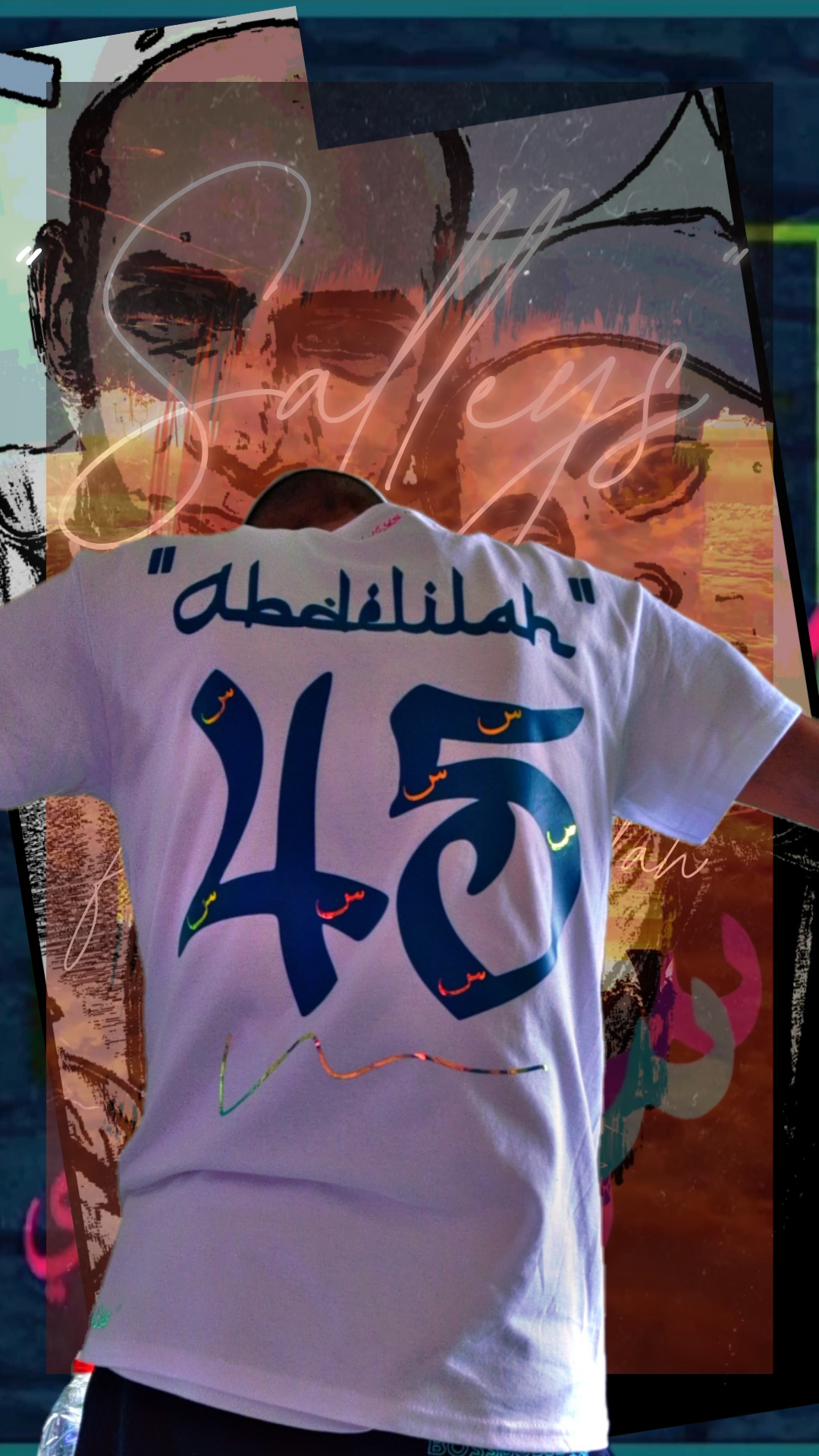 T shirt maillot Salleys. À personnalisé. Vêtements made in Halal. Blanc / Bleu vert / Or.